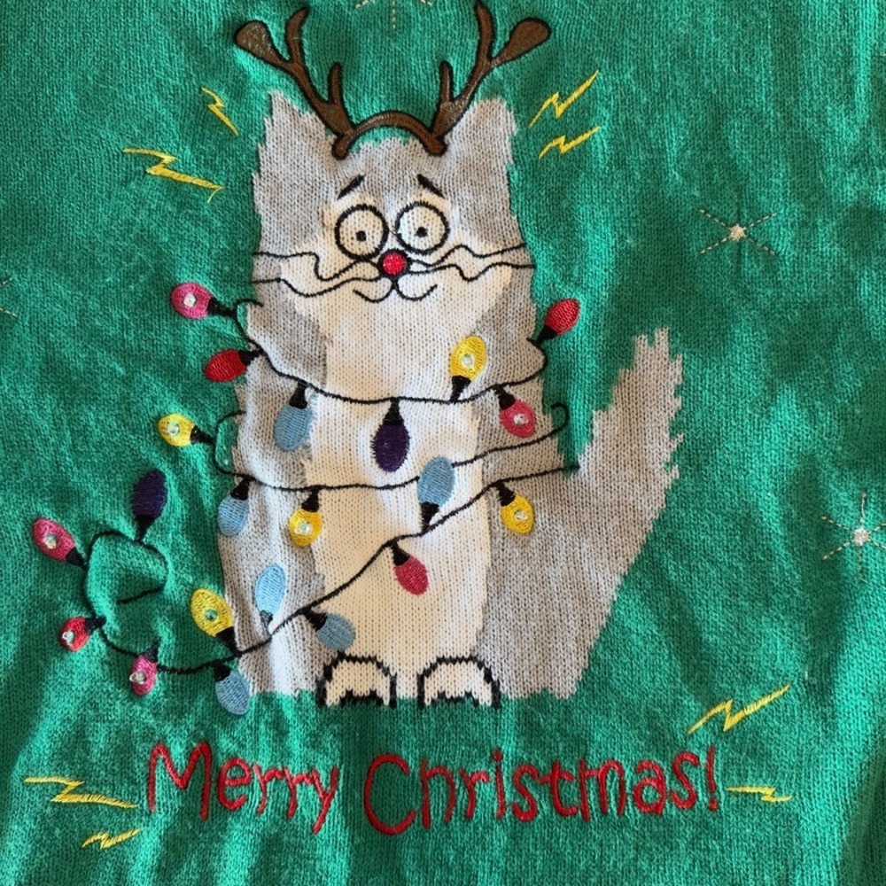 Holiday Time Cat Light Up Ugly Merry‎ Christmas Party Sweater-Size L-Green-Works - Picture 8 of 17